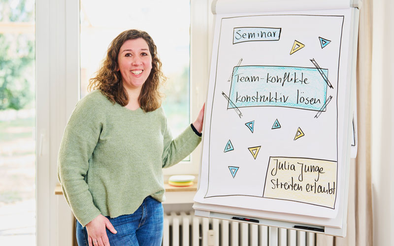 Julia Junge neben einem Flipchart zum Thema Team-Konflikte konstruktiv l&ouml;sen